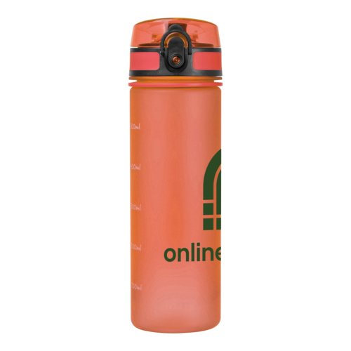 Orangefarbene Tritan-Trinkflasche mit Deckel.
