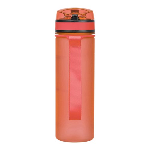 Orangefarbene Trinkflasche aus Tritan mit Trageschlaufe.