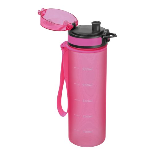Pinke Tritan-Trinkflasche mit Trageschlaufe und Verschluss.