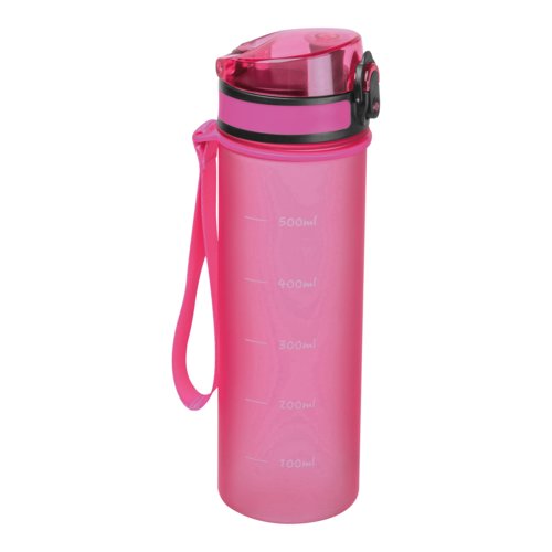 Pinke Tritan Trinkflasche mit Trageschlaufe und Schraubverschluss.