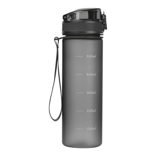 Schwarze Tritan-Trinkflasche mit Trageschlaufe und Fllstandsanzeige.