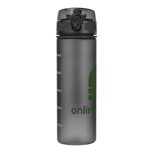 Schwarze Tritan-Trinkflasche mit auslaufsicherem Deckel.