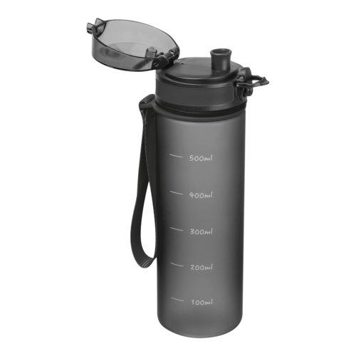 Schwarze Tritan-Trinkflasche mit Schraubverschluss und Trageschlaufe.