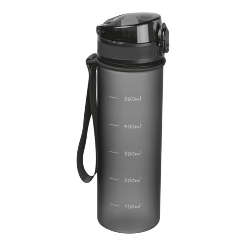 Schwarze Tritan-Trinkflasche mit Trageschlaufe.
