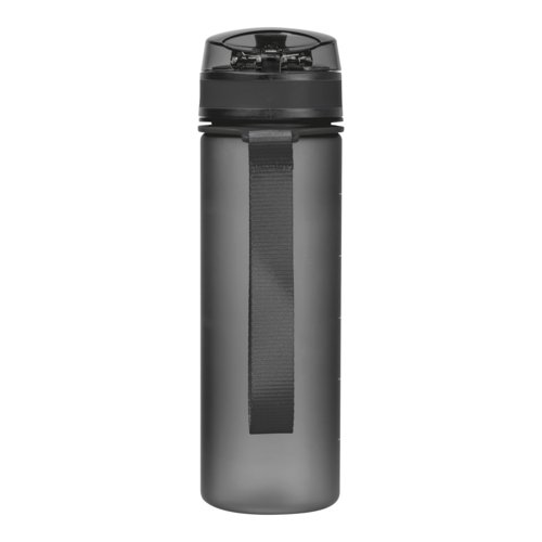 Schwarze Tritan-Trinkflasche mit Trageschlaufe.