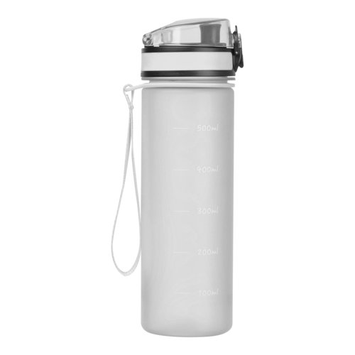 Transparente Tritan-Trinkflasche mit Deckel und Trageschlaufe.