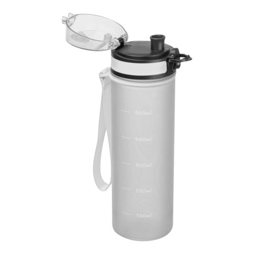 Transparente Tritan-Trinkflasche mit Trageschlaufe und Muster.