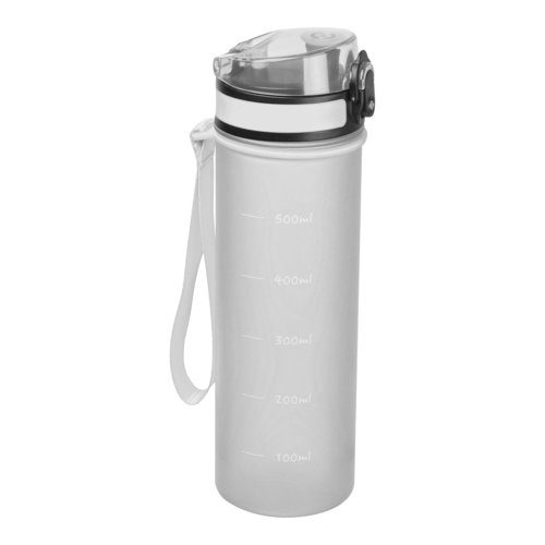 Transparente Tritan-Trinkflasche mit Muster und Trageschlaufe.