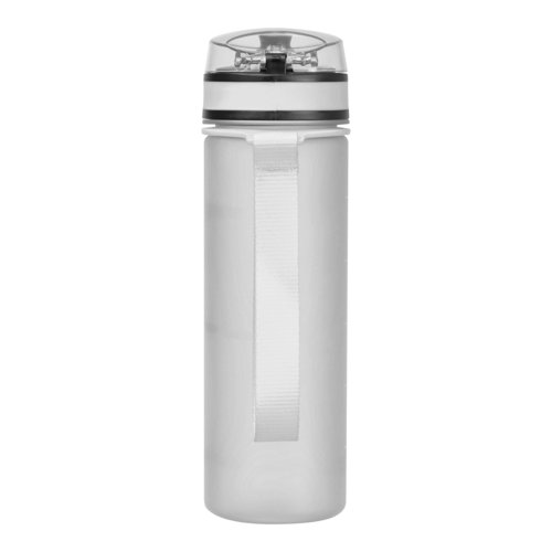 Transparente Tritan-Trinkflasche mit Trageschlaufe.