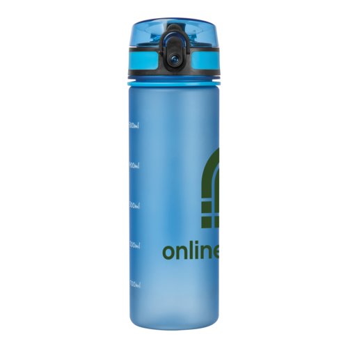Hellblaue Tritan-Trinkflasche mit auslaufsicherem Deckel.