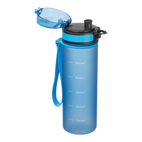 Hellblaue Tritan-Trinkflasche mit Trageschlaufe.