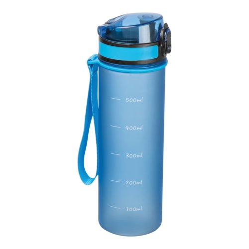Hellblaue Tritan-Trinkflasche mit Trageschlaufe.