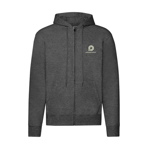 Dunkelgrau melierte Sweatjacke aus Baumwollmischung mit Kapuze und durchgehendem Reiverschluss.
