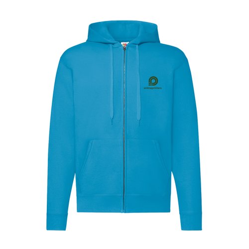 Azurblaue Sweatjacke aus Baumwollmischung mit Kapuze und Reiverschluss.