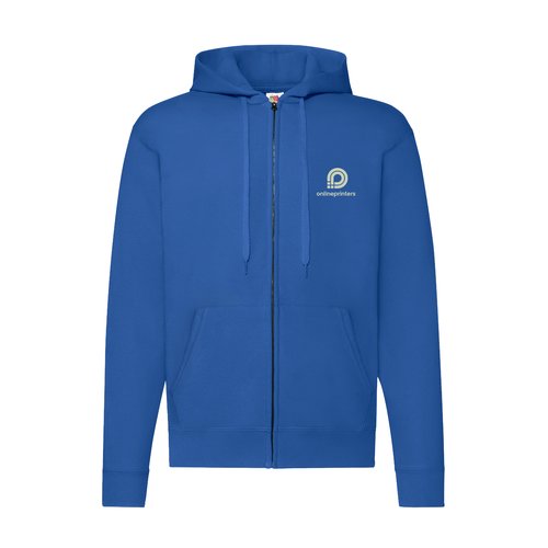 Knigsblaue Baumwoll-Polyester Sweatjacke mit Kapuze und durchgehendem Reiverschluss.