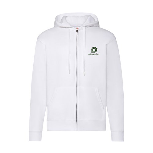 Weisse Baumwoll-Polyester-Sweatjacke mit Kapuze und durchgehendem Reiverschluss fr Herren.