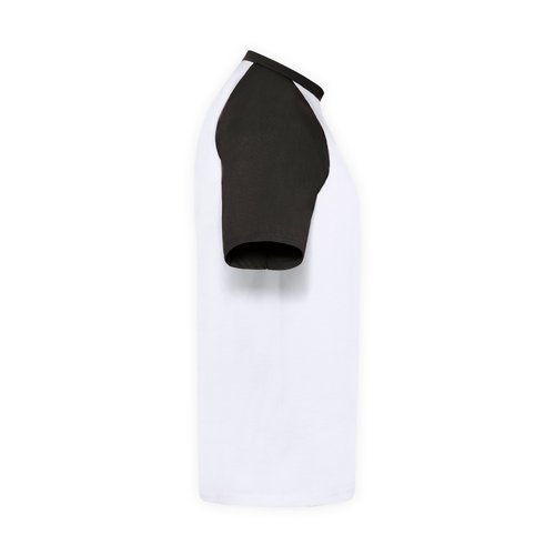 Weies Baumwoll-T-Shirt mit schwarzen rmeln und Rundhalsausschnitt.