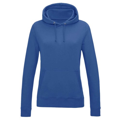Knigsblauer Baumwoll-Polyester-Hoodie fr Damen mit Kapuze und Kngurutasche.