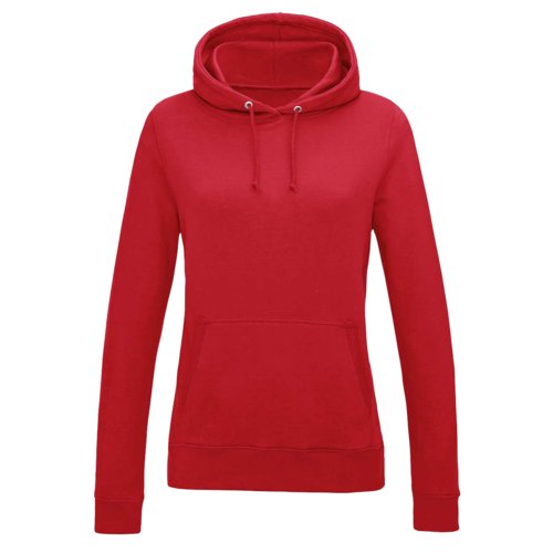 Roter Baumwoll-Polyester-Hoodie fr Damen mit Kapuze und Kngurutasche.