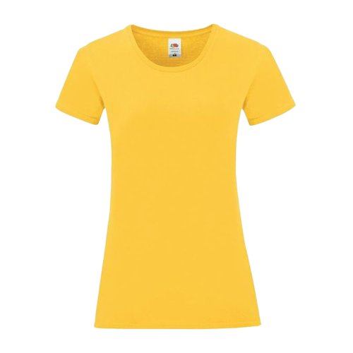 Gelbes Baumwoll-T-Shirt fr Damen mit kurzen rmeln.