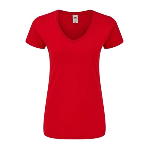 Rotes Baumwoll-T-Shirt mit V-Ausschnitt und kurzen rmeln fr Damen.