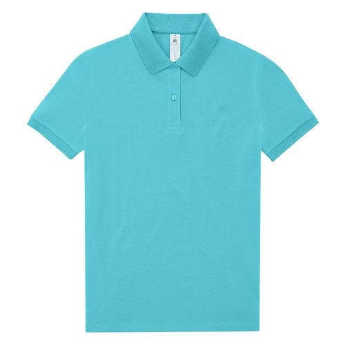 Trkisfarbenes Damen-Poloshirt aus Baumwolle mit kurzer Knopfleiste.