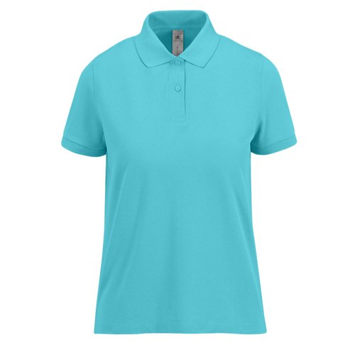 Trkisfarbenes Damen-Poloshirt aus Baumwolle mit kurzer Knopfleiste.