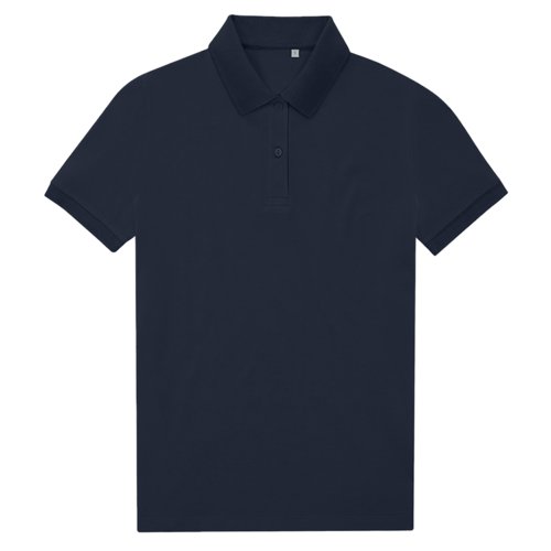 Marineblaues Damen-Poloshirt aus recyceltem Polyester-Baumwoll-Gemisch.