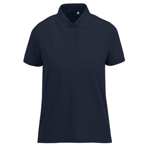 Marineblaues Damen-Poloshirt aus recyceltem Polyester und Baumwolle mit kurzen rmeln.