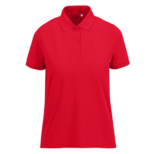 Rotes Damen-Poloshirt aus recyceltem Polyester-Baumwoll-Gemisch.