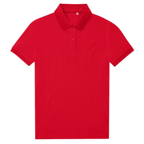 Rotes Polo-Shirt aus recyceltem Polyester-Baumwoll-Mix, Damenmodell.