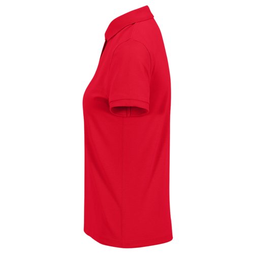 Rotes Damen-Poloshirt aus recyceltem Polyester und Baumwolle.