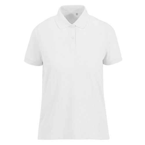Weisses Damen-Poloshirt aus recyceltem Polyester und Baumwolle mit kurzen rmeln.