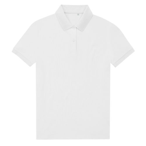 Weisses Damen Poloshirt aus recyceltem Polyester und Baumwolle mit kurzen rmeln.