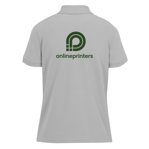 Graues Damen-Poloshirt aus recyceltem Polyester und Baumwolle.