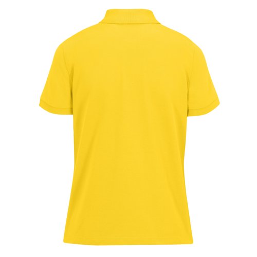 Gelbes Damen Poloshirt aus recyceltem Polyester und Baumwolle mit kurzen rmeln.