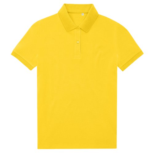 Gelbes Damen-Poloshirt aus recyceltem Polyester und Baumwolle.