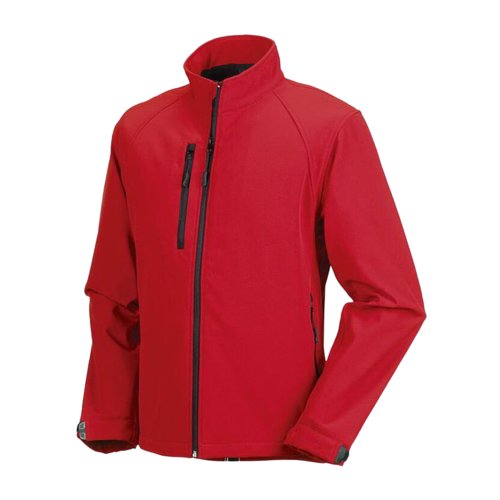 Rote Softshelljacke aus Polyester und Elasthan fr Herren mit Reiverschlusstaschen.
