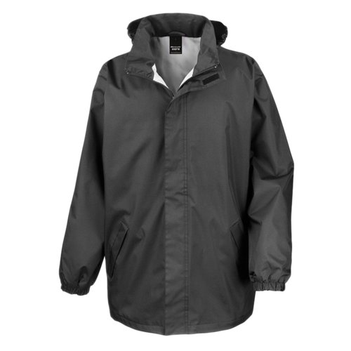 Schwarze Regenjacke aus Polyester mit Kapuze.