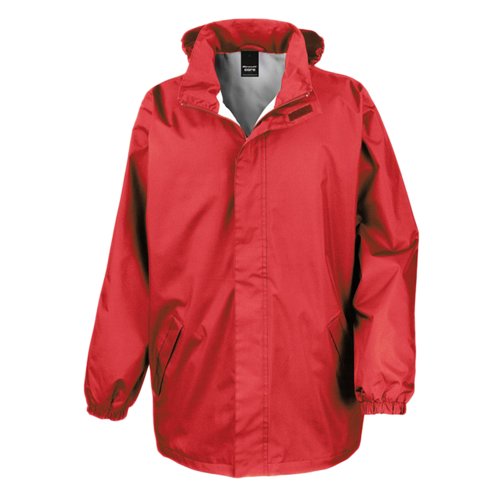 Rote Regenjacke aus Polyester mit Kapuze und Taschen.