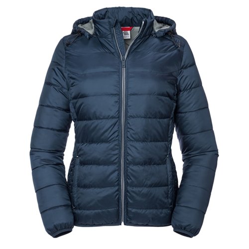 Marineblaue Damen Steppjacke aus Polyester mit Kapuze.