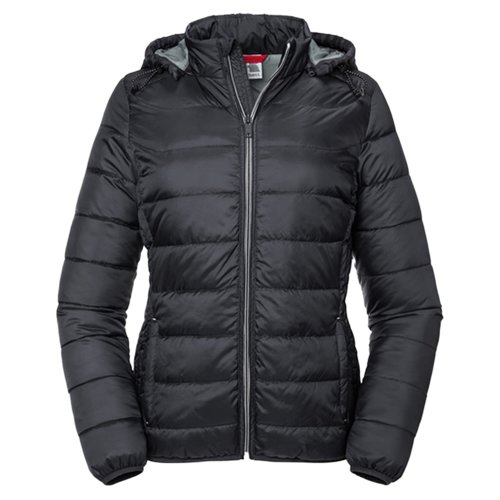 Schwarze Steppjacke aus Polyester fr Damen mit Kapuze.