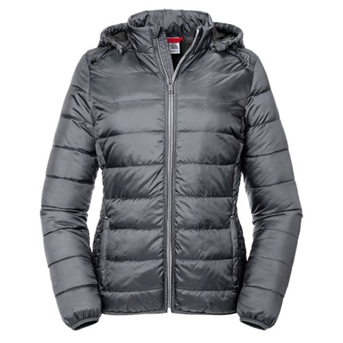 Graue Steppjacke aus Polyester mit Kapuze und durchgehendem Reiverschluss.