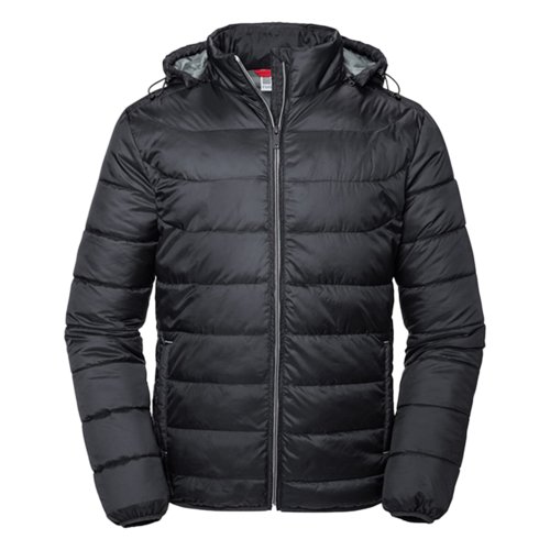 Schwarze Polyester Steppjacke mit Kapuze.