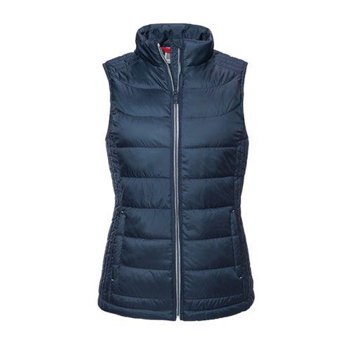 Navy-blaue Steppweste aus Polyester fr Damen mit durchgehendem Reiverschluss.