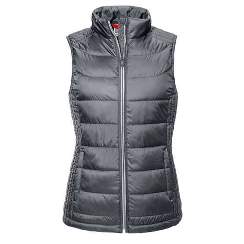 Graue Steppweste aus Polyester mit durchgehendem Reiverschluss.