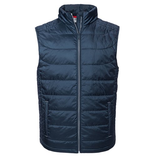 Marineblaue Steppweste aus Polyester mit durchgehendem Reiverschluss.