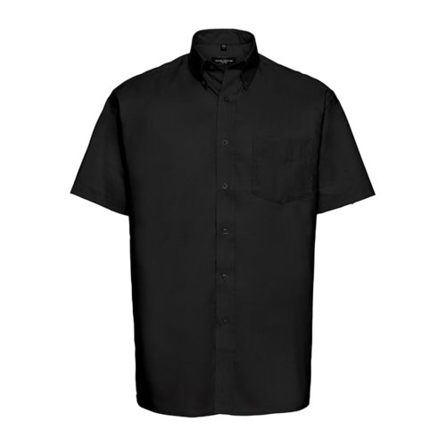 Schwarzes Baumwoll-Polyester Hemd mit kurzen rmeln und Brusttasche.