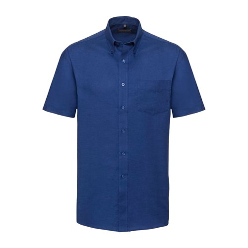 Blaues Baumwoll-Polyester-Kurzarmhemd fr Herren mit Knopfleiste und Brusttasche.