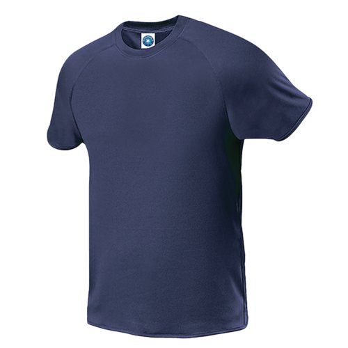 Marineblaues Polyester T-Shirt fr Herren mit kurzen rmeln.